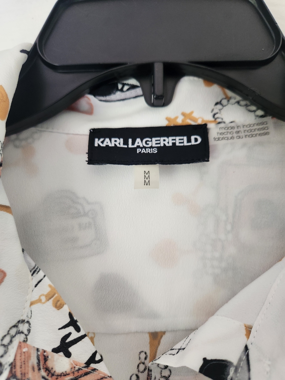 Karl Lagerfeld Paris Printed Button-Up Shirt — White with Black & Tan Motif